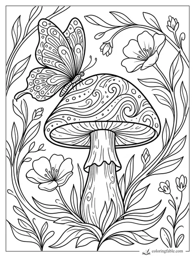 Aesthetic mushroom coloring page with swirled cap, butterfly, leaves, and wildflowers