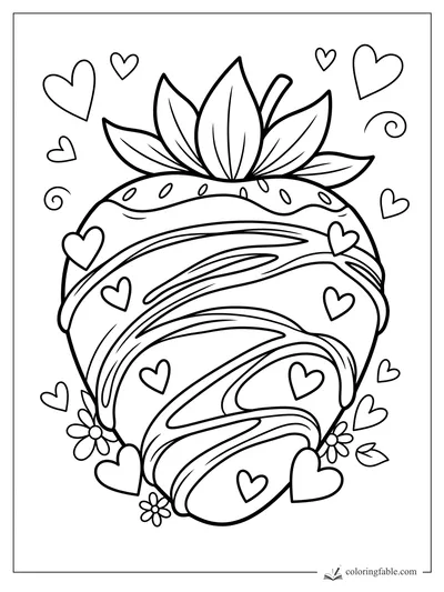Large strawberry wrapped in flowing icing stripes, with leafy top, hearts, daisies, and swirl doodles.