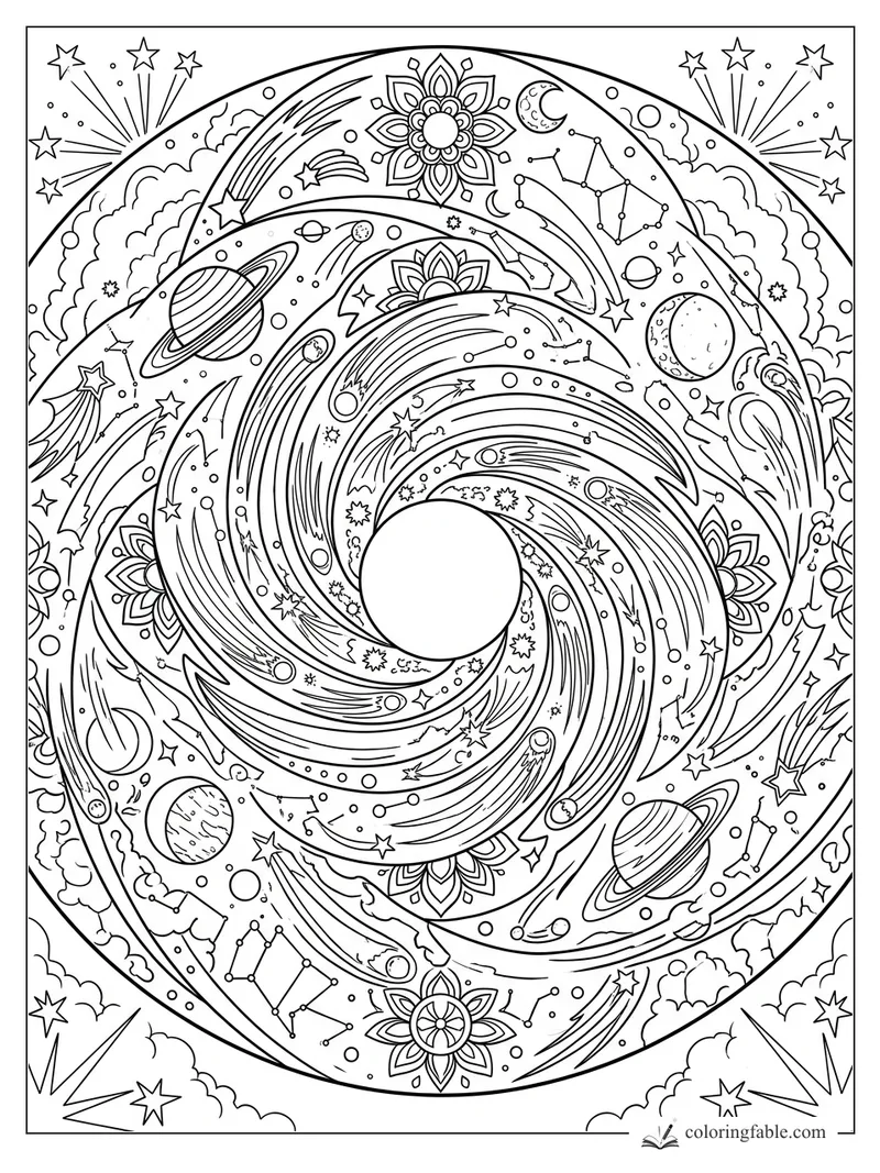 Intricate galaxy mandala with spiral star trails, ringed planets, constellations, moons, clouds, and floral motifs.