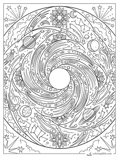 Intricate galaxy mandala with spiral star trails, ringed planets, constellations, moons, clouds, and floral motifs.