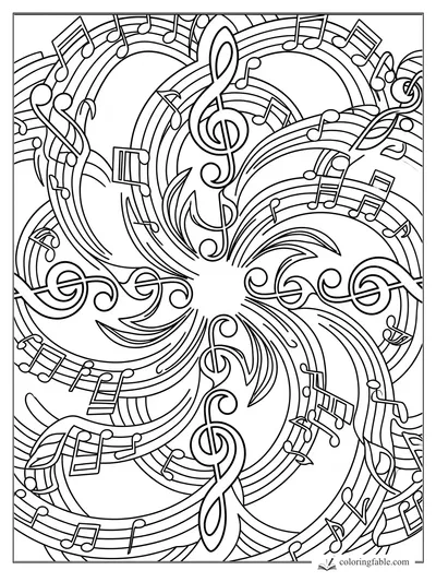 Music mandala coloring page with swirling staffs, treble clefs, notes, and leaf-like flourishes