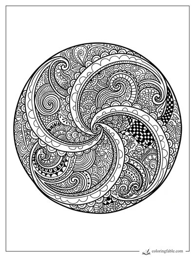 Intricate paisley mandala with curling spirals, floral zentangle fills, dots, scallops, and checkerboard sections.