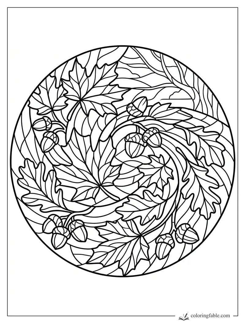 Intricate stained-glass fall coloring page with swirling maple and oak leaves, acorns, and curved panel lines.