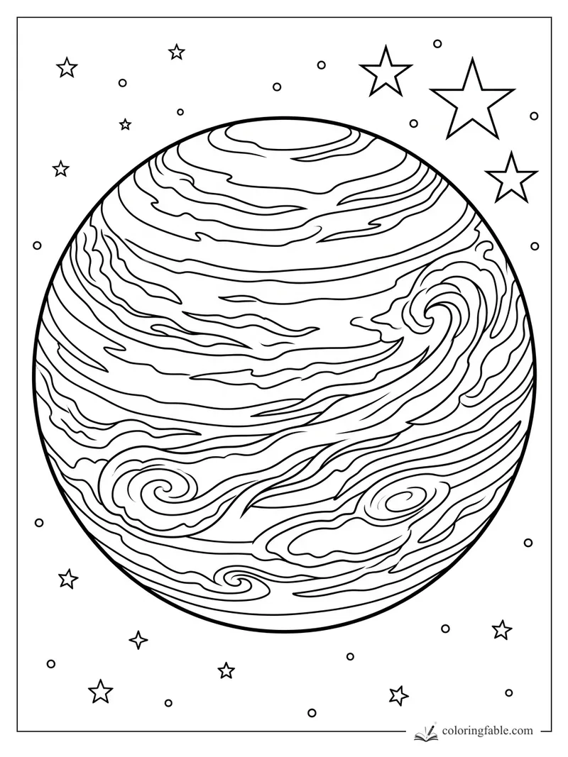 Large striped planet with swirling storm bands, spiral clouds, and scattered stars in space