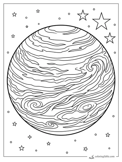 Large striped planet with swirling storm bands, spiral clouds, and scattered stars in space