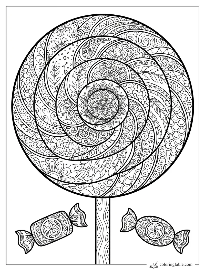 Intricate zentangle lollipop with spiral floral patterns and two wrapped candies