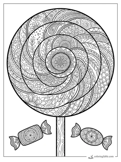 Intricate zentangle lollipop with spiral floral patterns and two wrapped candies