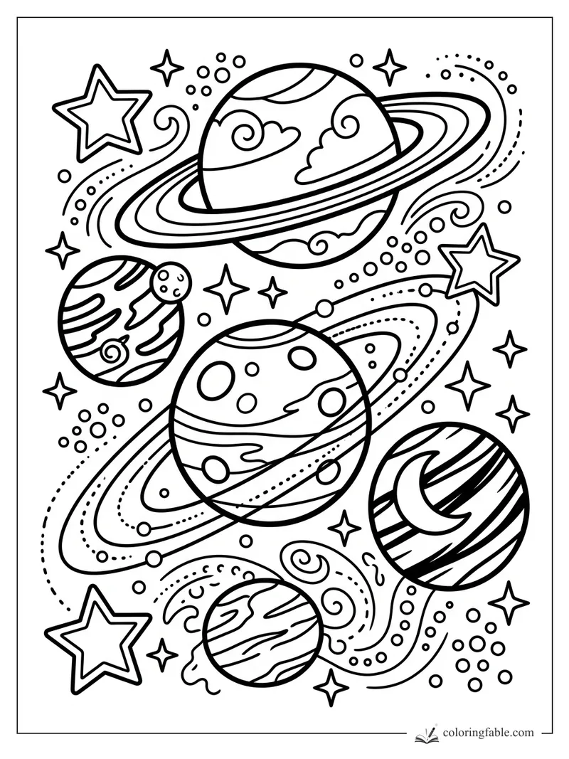 Easy space coloring page with ringed planets, swirls, bubbles, moons, and outlined stars