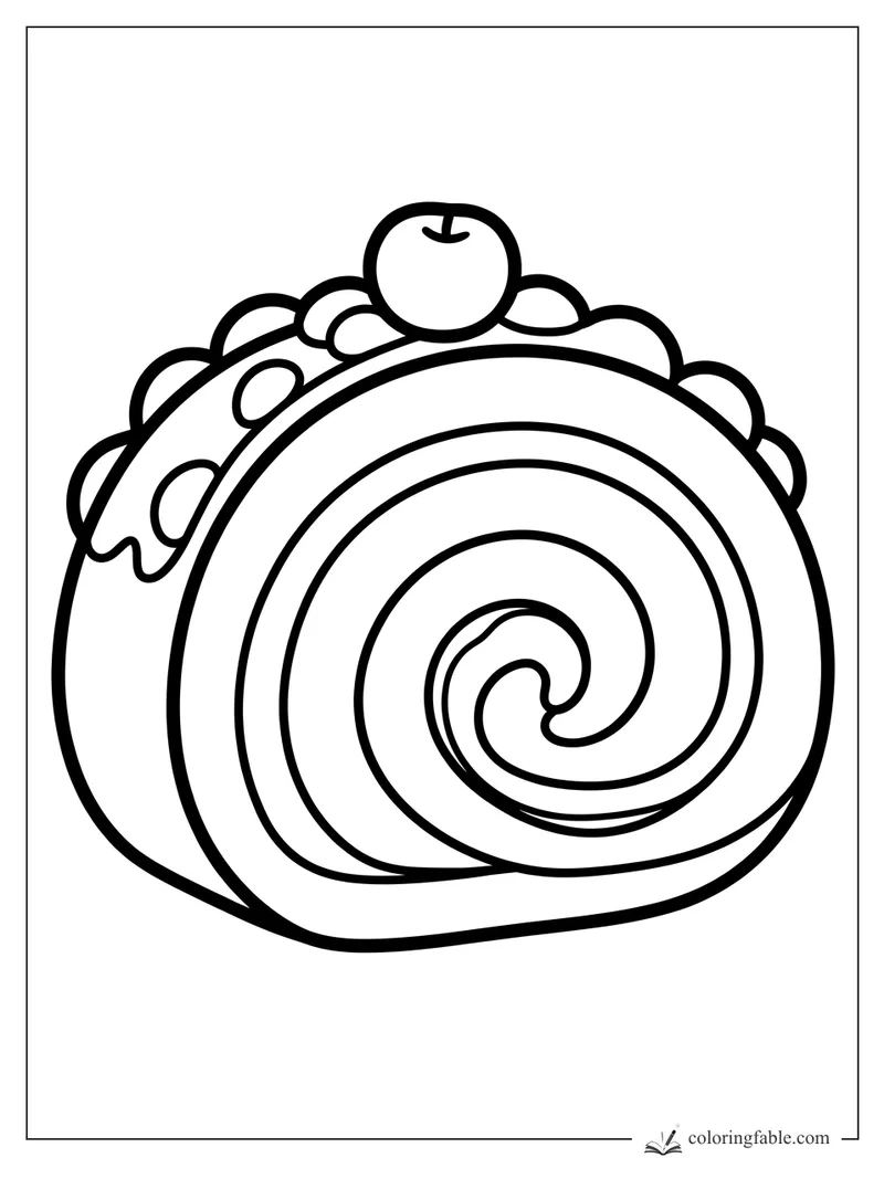 Bold coloring page of a Swiss roll cake slice with a spiral center, cream dollops, and a cherry on top.
