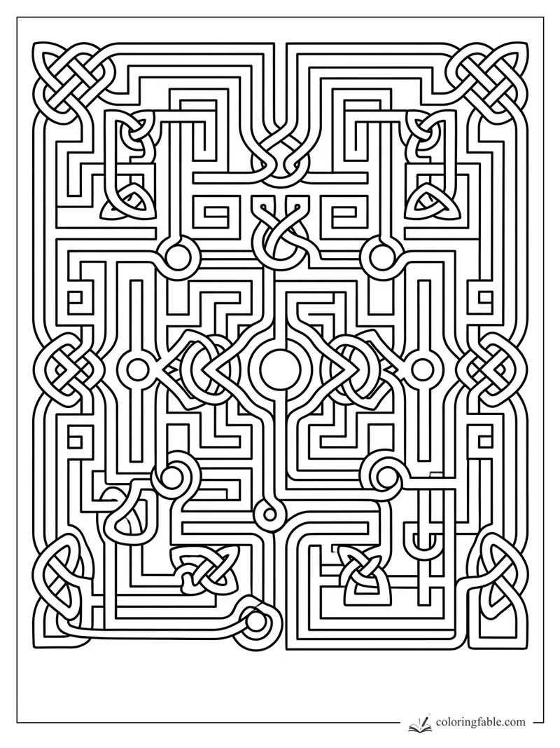 Intricate Celtic knot coloring page with mirrored maze lines, corner knots, spirals, and central circles
