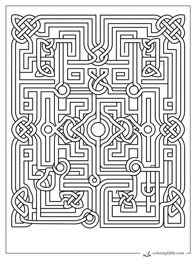 Intricate Celtic knot coloring page with mirrored maze lines, corner knots, spirals, and central circles