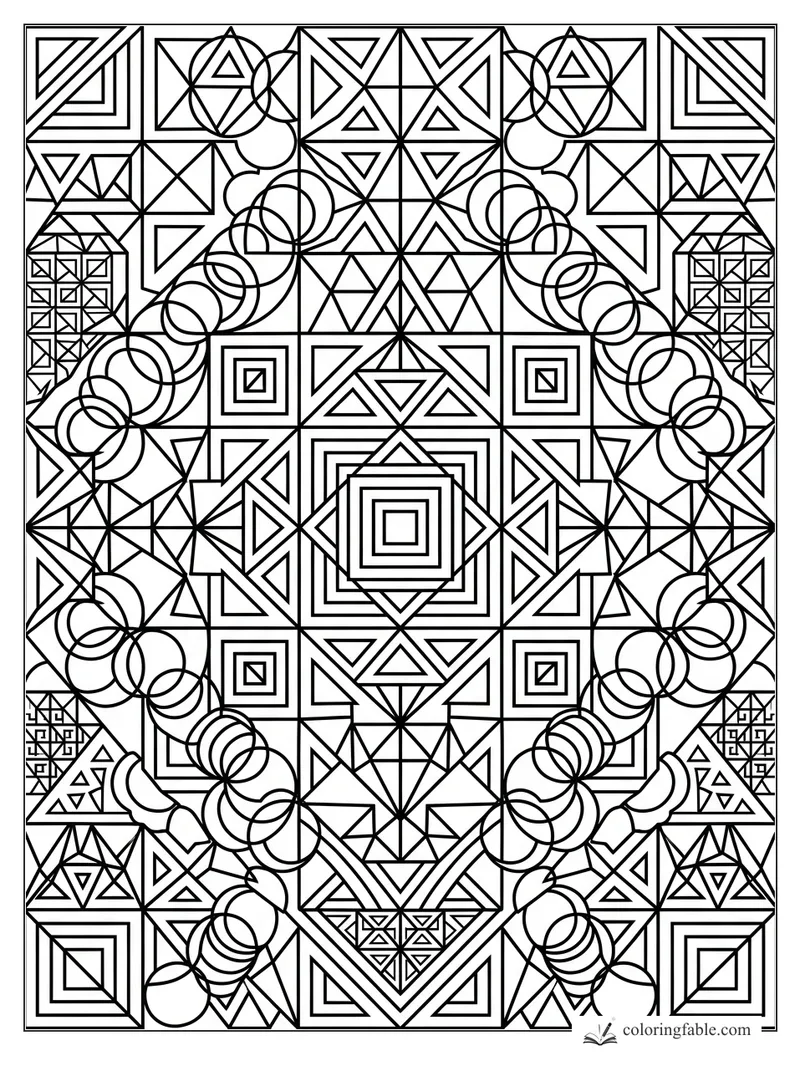 Geometric zentangle coloring page with triangles, circles, concentric squares, and mirrored mosaic patterns