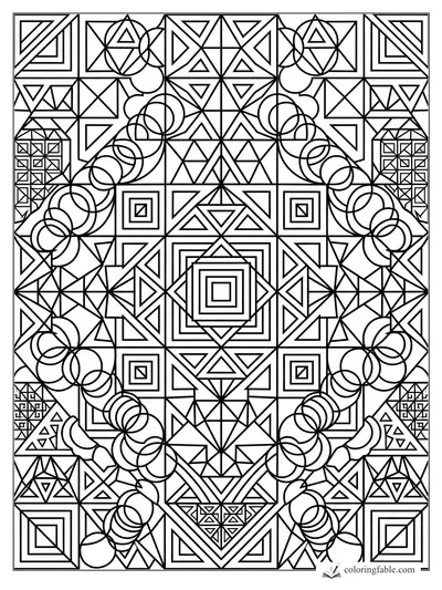Geometric zentangle coloring page with triangles, circles, concentric squares, and mirrored mosaic patterns