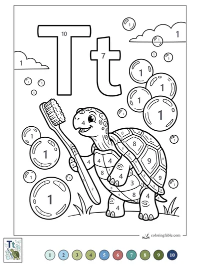T Is for Turtle with Toothbrush and Bubbles — color by number