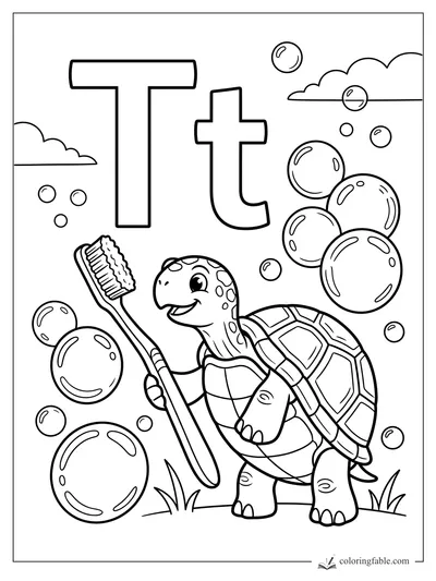 Uppercase and lowercase T with a smiling turtle holding a toothbrush among bubbles and clouds