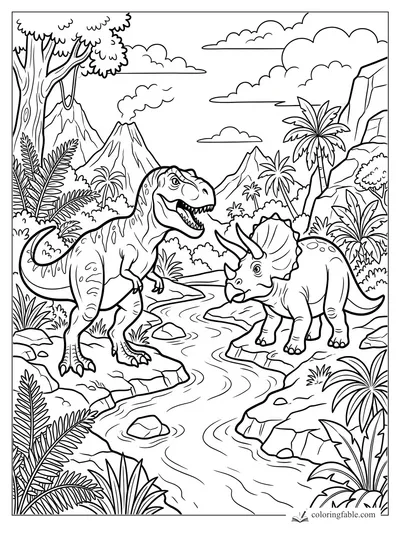 Cartoon T. rex and triceratops beside a winding jungle river with volcanoes, palms, cliffs, and clouds