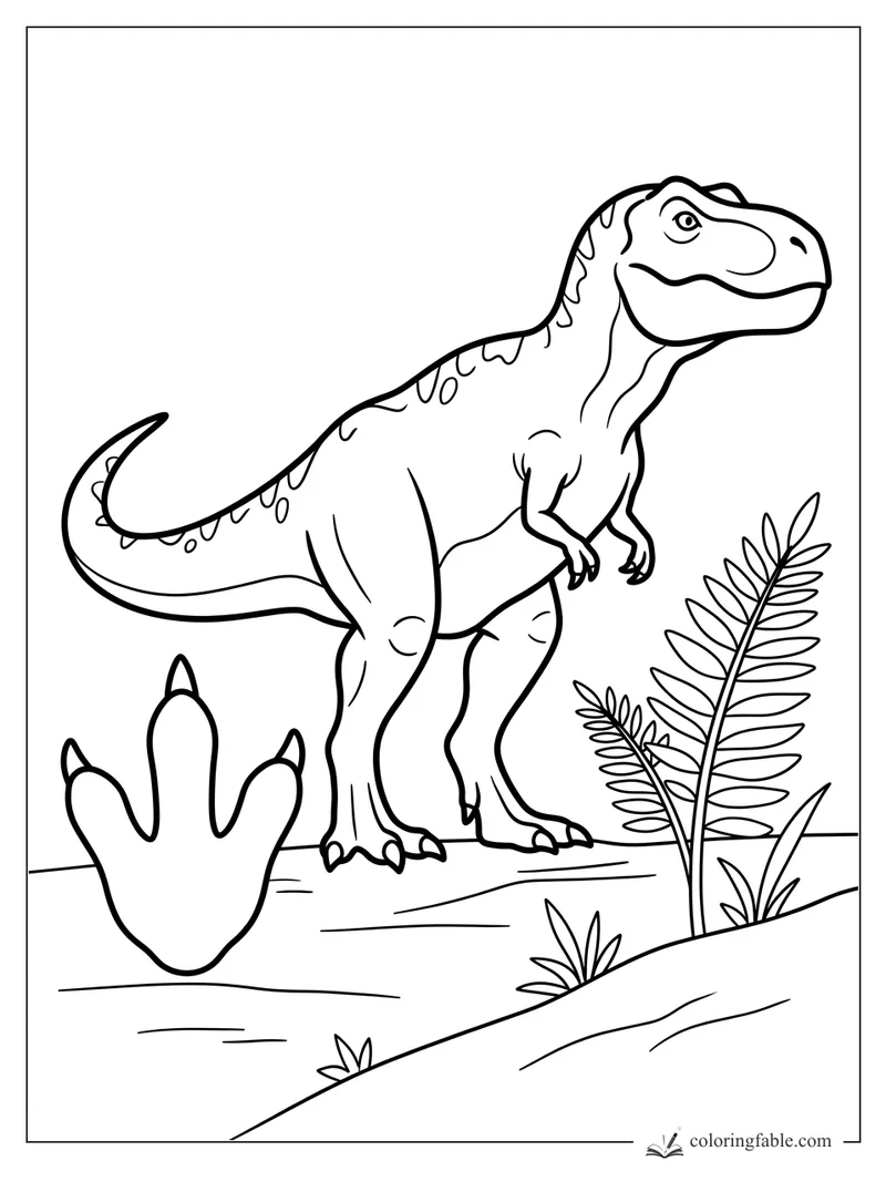 Minimalist T. rex coloring page with a big three-toed footprint and ferns.