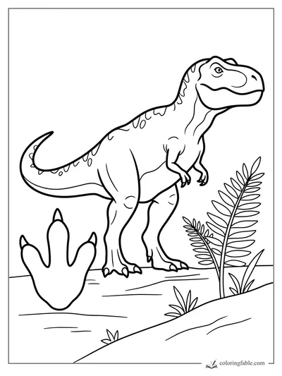 Minimalist T. rex coloring page with a big three-toed footprint and ferns.