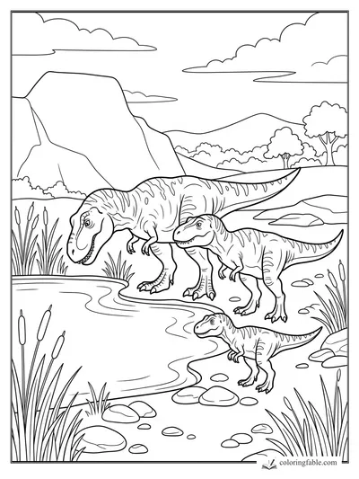 Three T. rexes walking beside a cattail pond with cliffs, trees, rocks, and clouds in the background