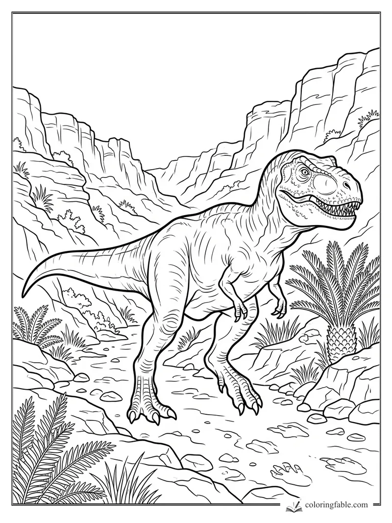 Realistic T. rex walking through a rocky canyon with cycads, cliffs, stones, and footprints