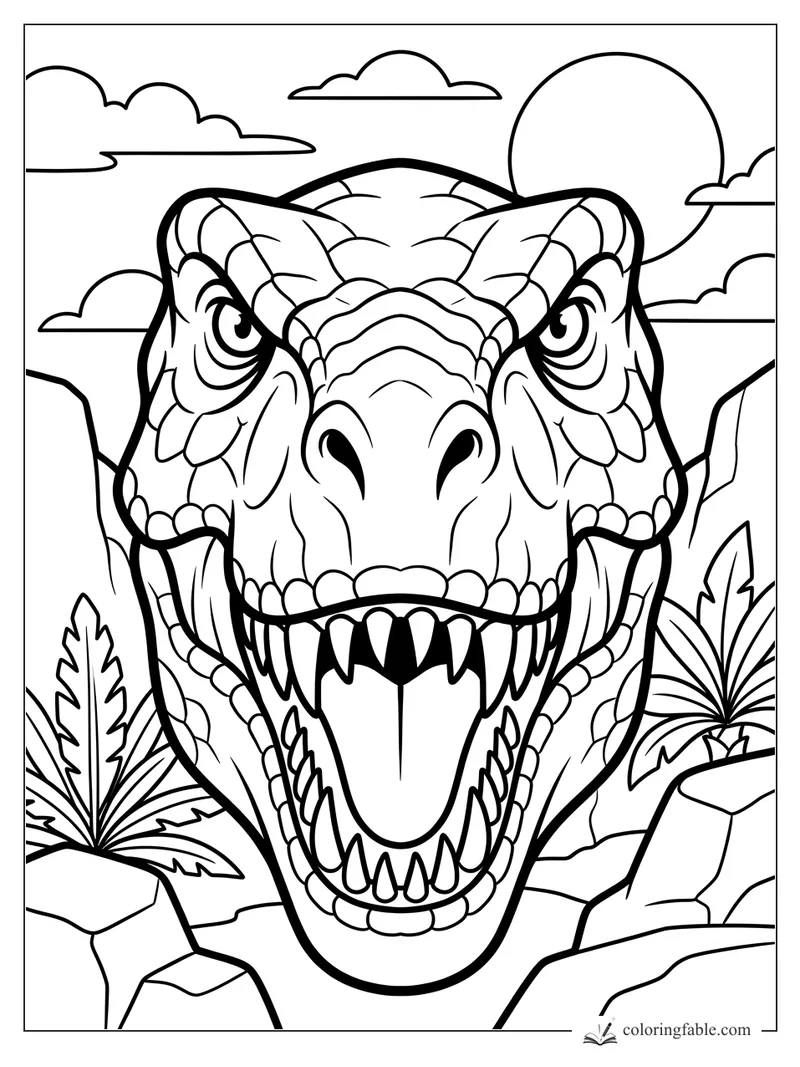 Bold T. rex head roaring between rocks, spiky plants, clouds, and a big sun.