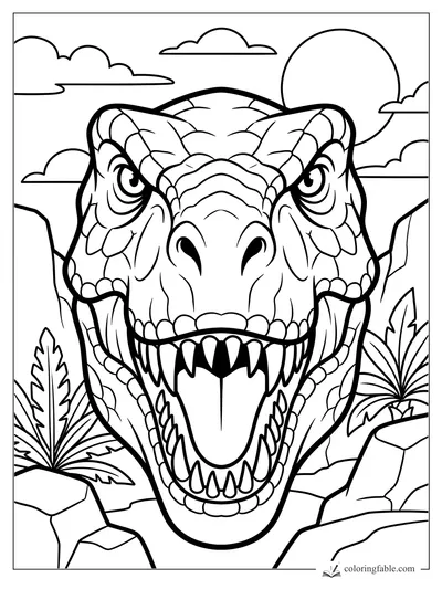 Bold T. rex head roaring between rocks, spiky plants, clouds, and a big sun.