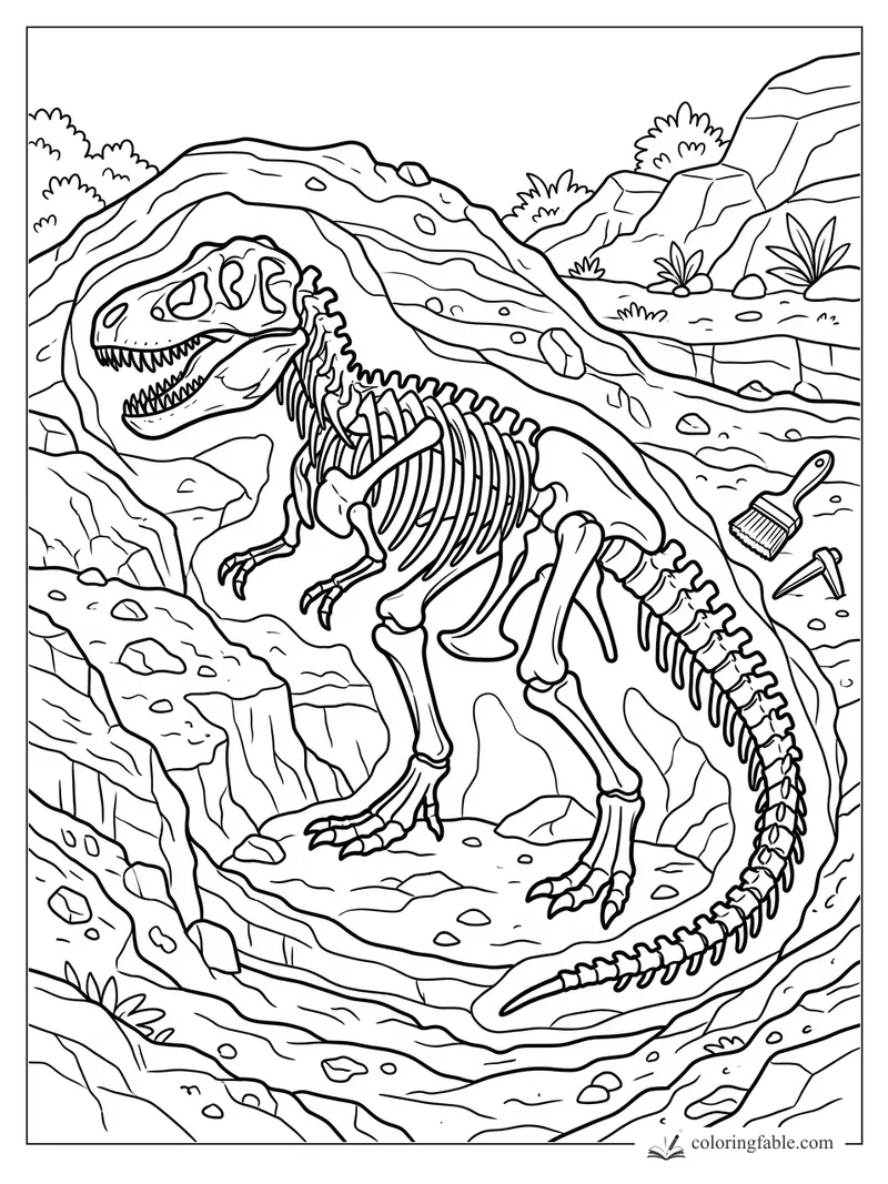 T. rex skeleton fossil in a rocky excavation site with a brush and digging tools nearby