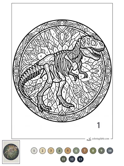 T. Rex Skeleton in a Stained-Glass Circle — color by number