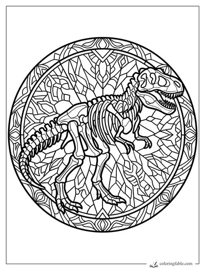 Intricate stained-glass T. rex skeleton with open jaws inside a round mandala frame
