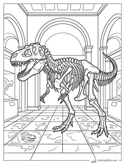 Realistic T. rex skeleton posed in an arched museum gallery with tiled fossil floor