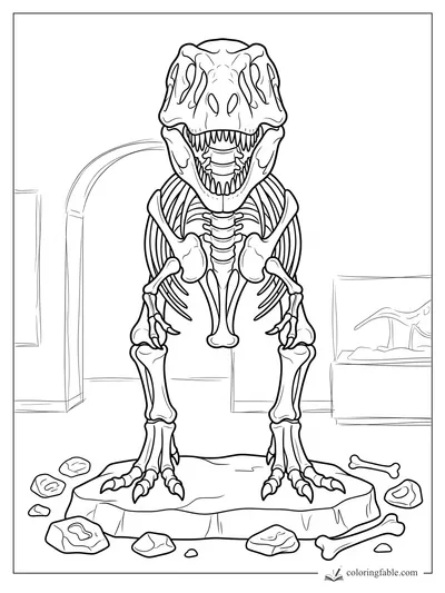 Realistic T. rex skeleton with open jaws on a museum display, with rocks and bones on the floor
