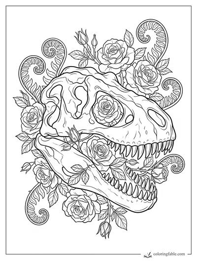 Intricate T. rex skull coloring page with roses, leaves, fern spirals, teeth, and floral line art.