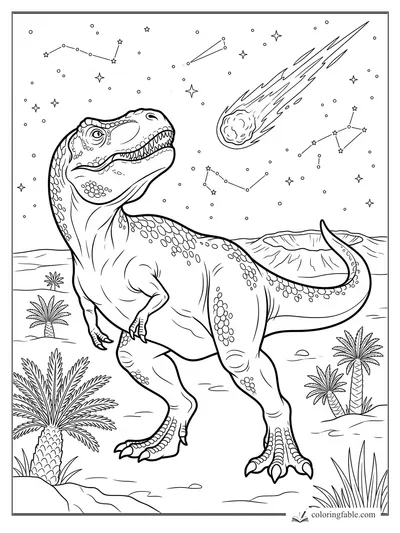 Realistic T. rex gazing at a meteor over desert palms, mountains, stars, and constellations.