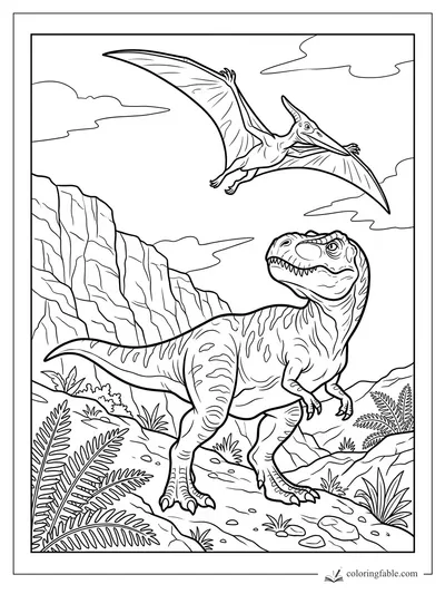 T. rex on a rocky fern trail watching a pterodactyl fly above tall cliffs and clouds