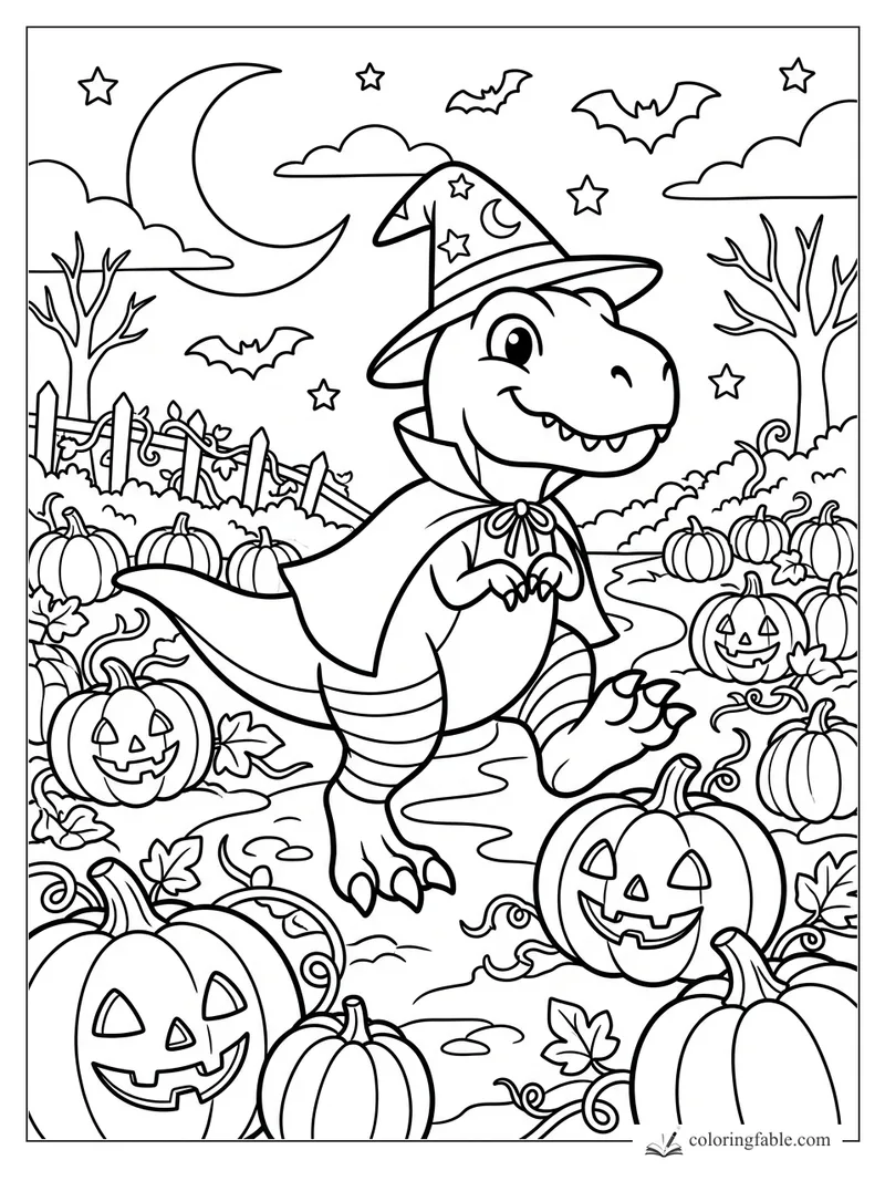 Cartoon T. rex in a witch hat and cape walking through a pumpkin patch with bats, stars, and jack-o-lanterns