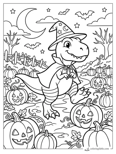 Cartoon T. rex in a witch hat and cape walking through a pumpkin patch with bats, stars, and jack-o-lanterns