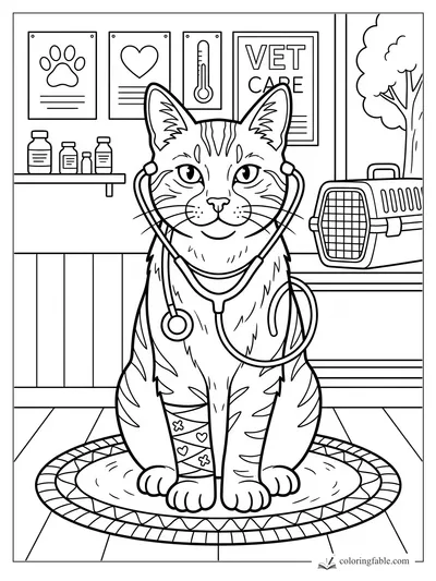 Tabby cat wearing a stethoscope in a vet clinic with posters, medicine bottles, and a pet carrier.