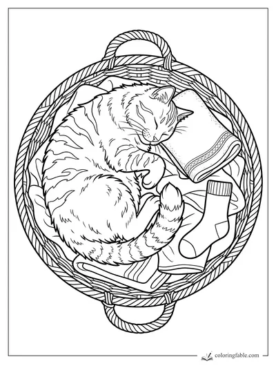 Sleeping tabby cat curled in a wicker laundry basket with a sock, towel, and folded clothes