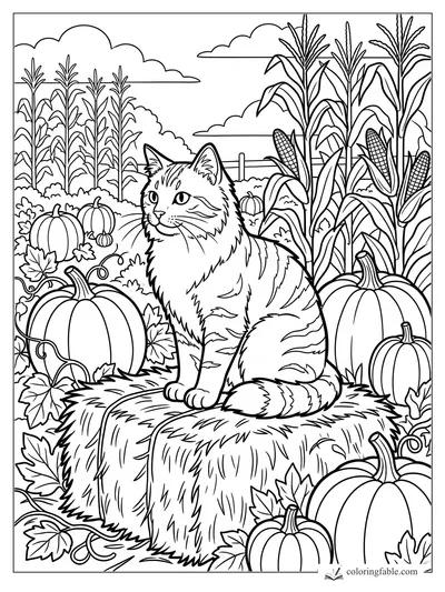 Tabby cat sitting on a hay bale among pumpkins, corn stalks, vines, and clouds in a fall field.