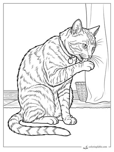 Realistic tabby cat licking its raised paw beside a curtain, wicker basket, wood floor, and collar tag.