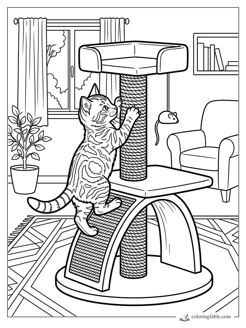 Tabby kitten climbing a rope-wrapped cat tree in a living room with window, plant, armchair, and toy mouse.