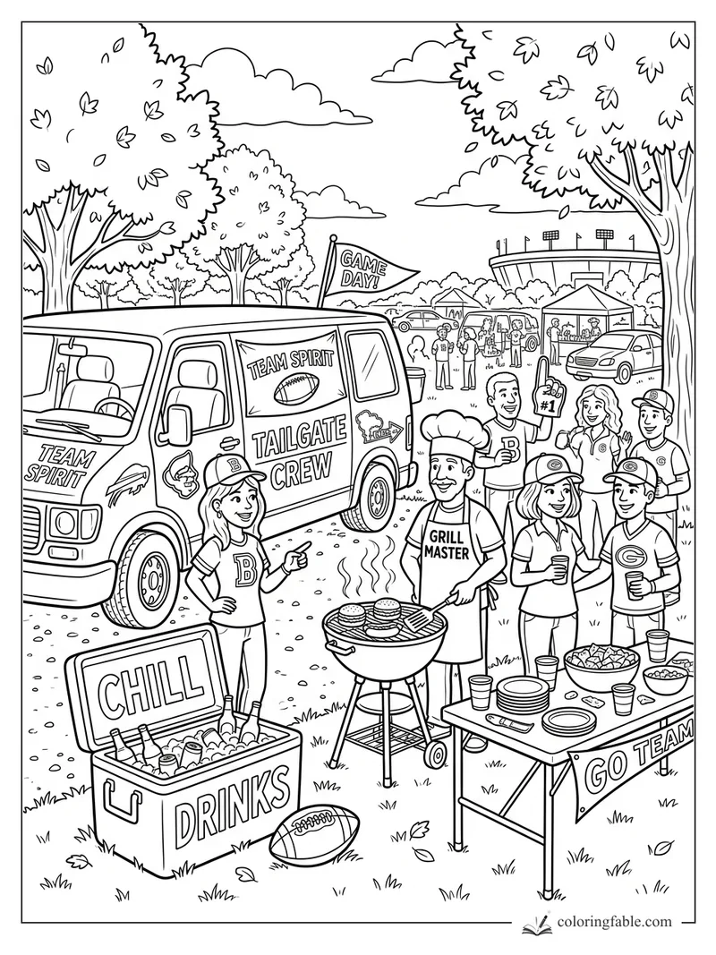 Cartoon football tailgate with grill master, team van, cooler, fans, and stadium on game day.