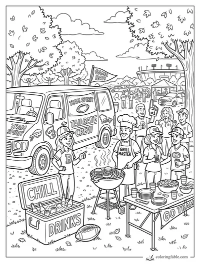 Cartoon football tailgate with grill master, team van, cooler, fans, and stadium on game day.