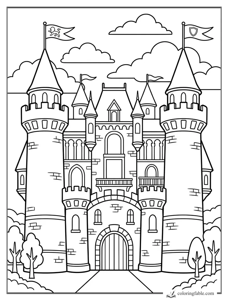 Bold easy castle coloring page with tall round towers, flags, arched gate, trees, and clouds