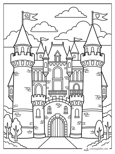 Bold easy castle coloring page with tall round towers, flags, arched gate, trees, and clouds