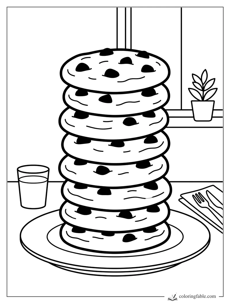 Minimalist coloring page of stacked chocolate chip cookies on a plate with milk, plant, fork, and knife.
