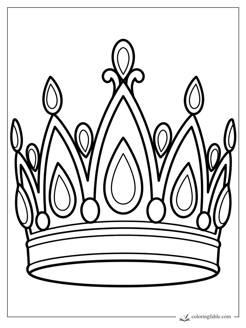 Easy crown coloring page with tall points, teardrop gems, round jewels, and a wide band.