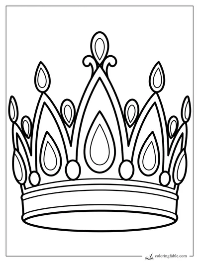 Easy crown coloring page with tall points, teardrop gems, round jewels, and a wide band.