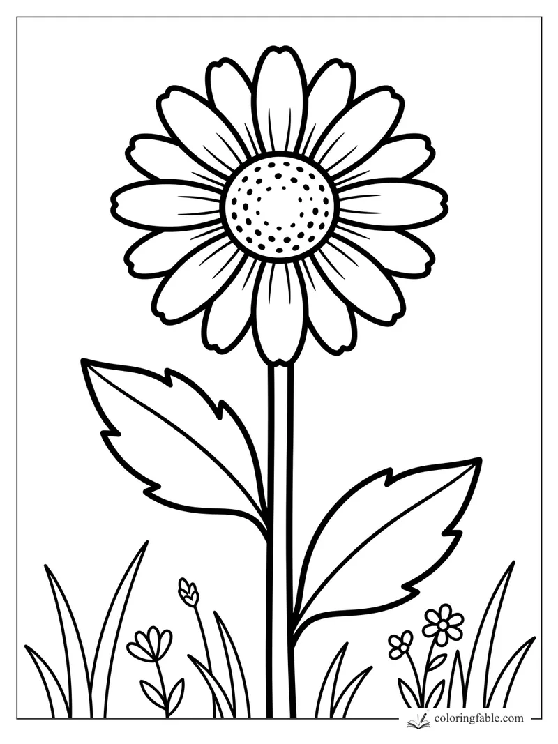 Bold easy daisy coloring page with a dotted center, long petals, two leaves, grass, and tiny flowers.