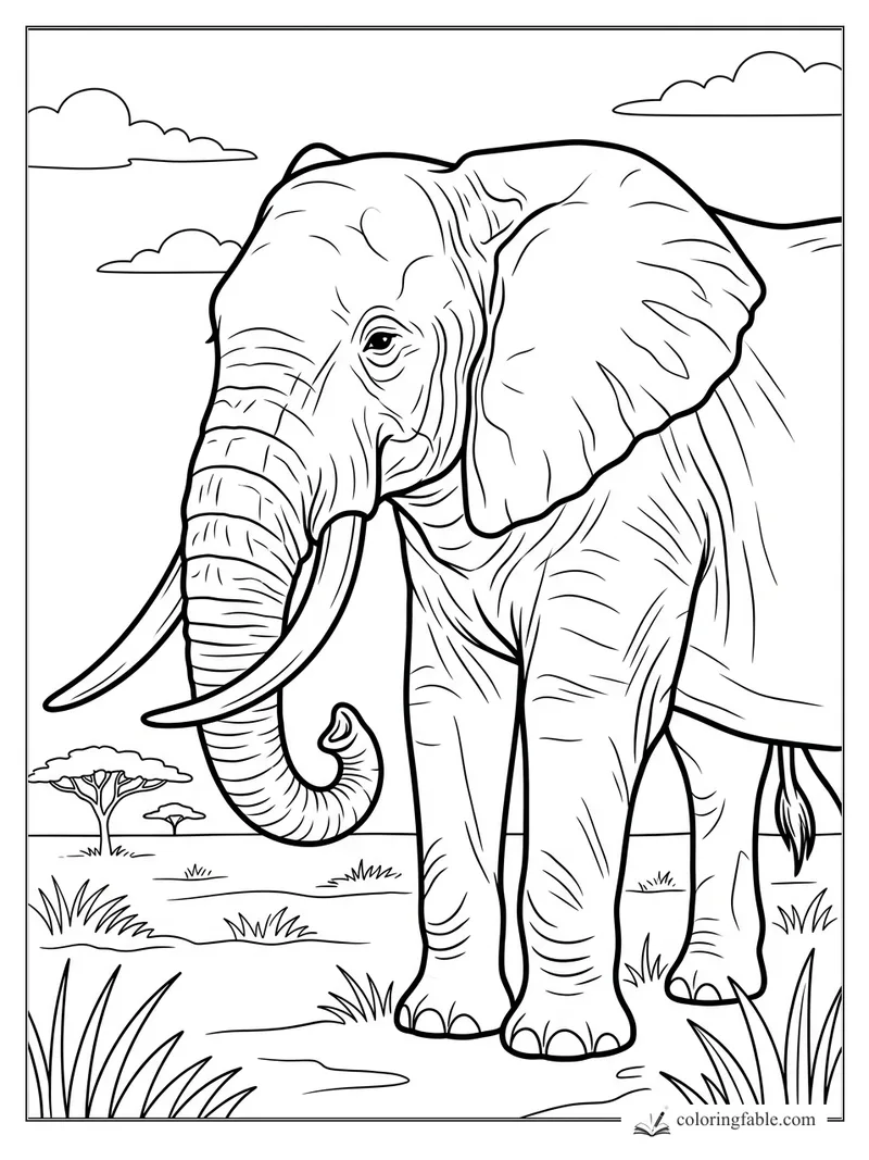 Realistic elephant with long tusks, curled trunk, wide ear, grass, acacia trees, and clouds on the savanna